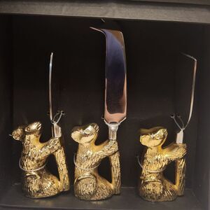 Brass Mice Cheese Knives Set, NIB, Golden Handles, 3 knife set